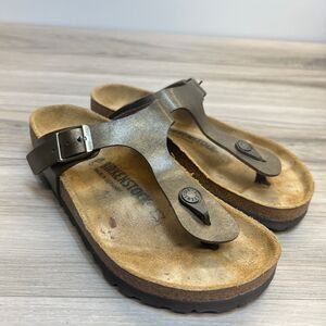 Birkenstock Gizeh T Strap Golden Brown Sandals Black Leather  Birko Flor US 6 37